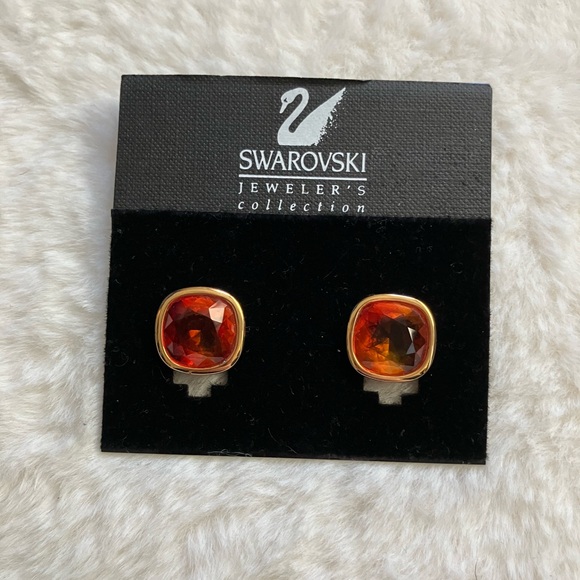 Vintage Swarovski Red Orange Crystal Clip On Earrings - Picture 3 of 7